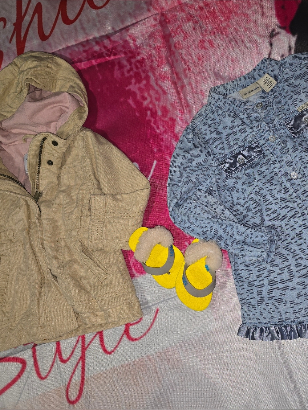 Girls Beige Hooded Jacket & Blue Leopard Top Outfit with Yellow Sandals